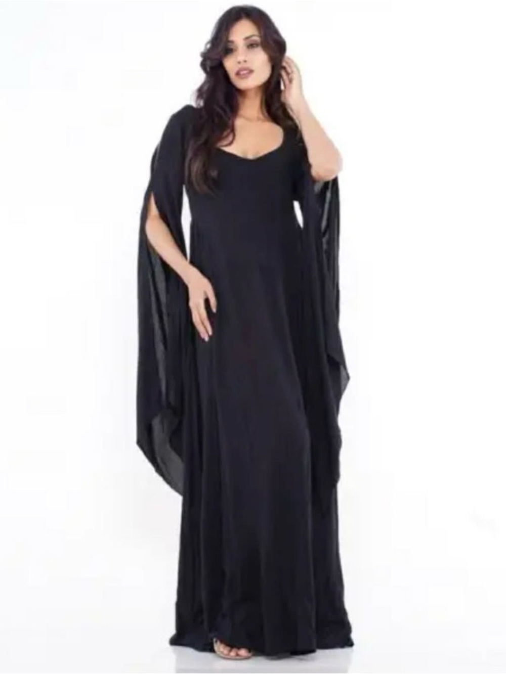 Flowing Black Maxi Dress with Dramatic Cape Sleeves - Picture 2 of 4